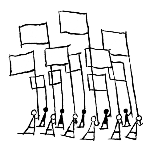 illustratie van een groep mensen met vlaggen waar hartjes op staan